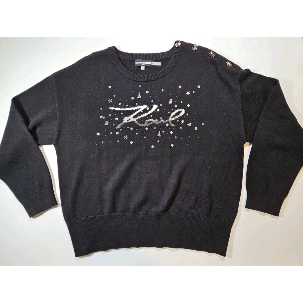 Karl Lagerfeld Paris Rhinestone Logo Pullover Black Color‎ Sz Large